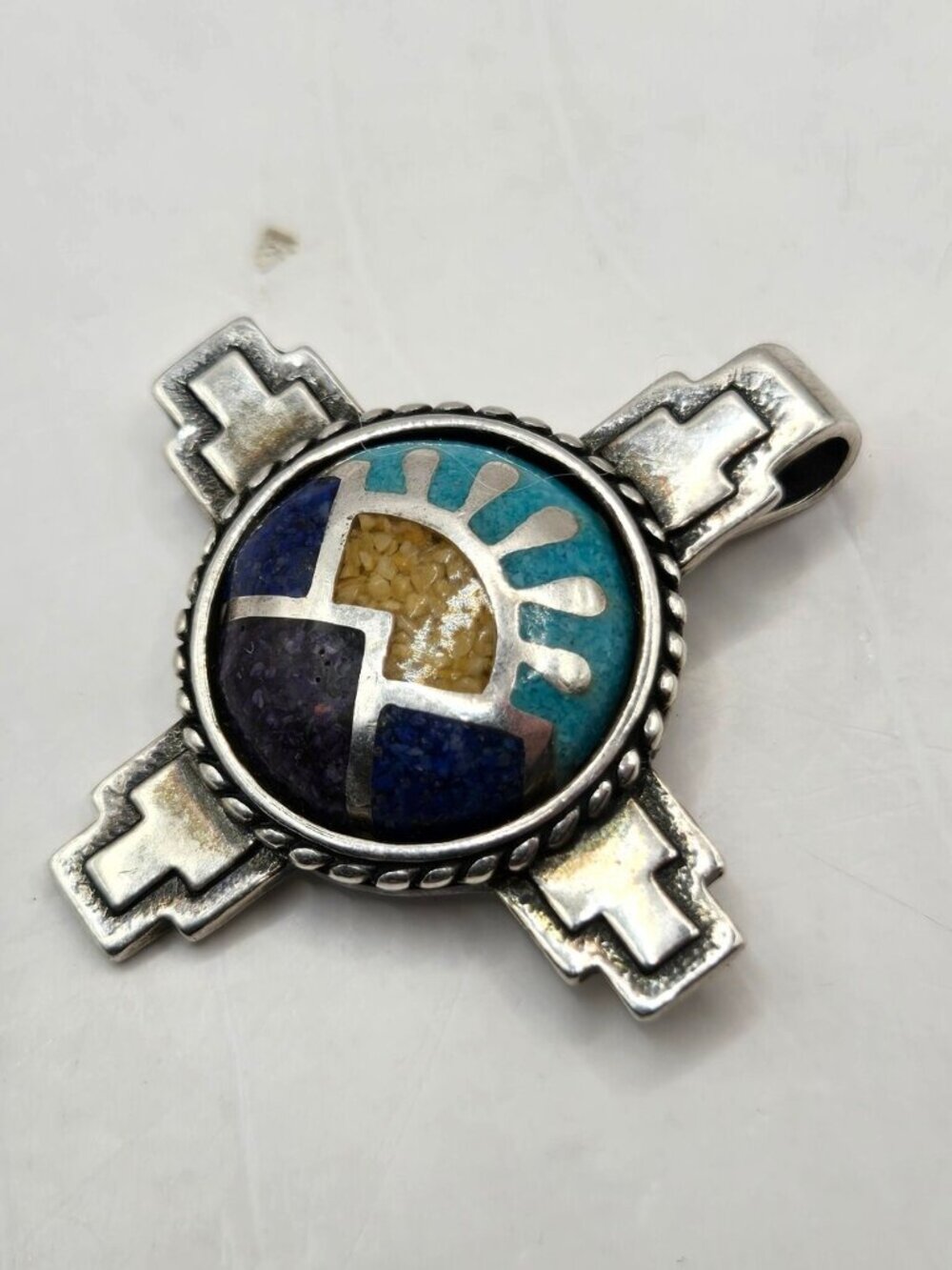 Carolyn Pollack Relios Cross Sterling Silver Multi Gemstone Chip Inlay Pendant